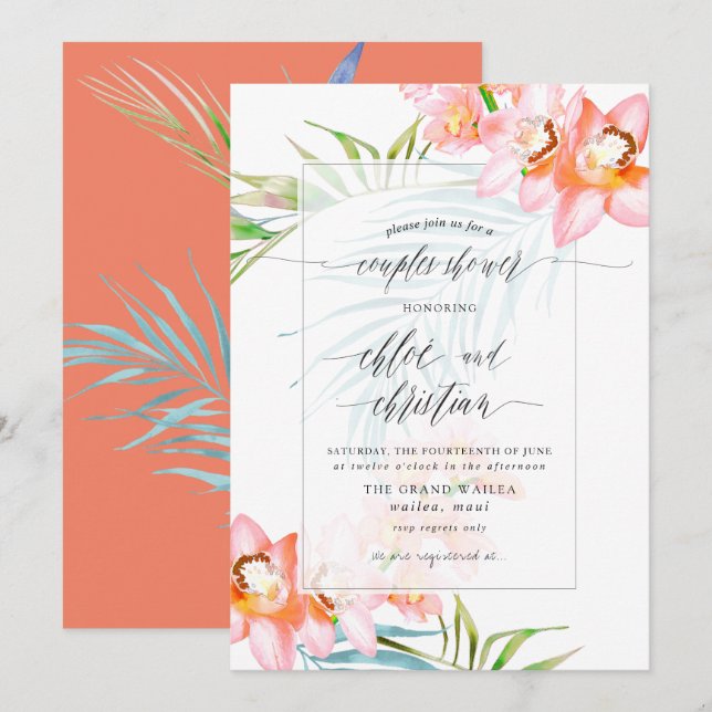 PixDezines Orchid Isle, Tropical Couples Shower Invitation (Front/Back)
