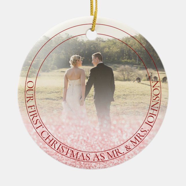 PixDezines Our First Christmas, Rose Gold Glitter Ceramic Ornament (Front)