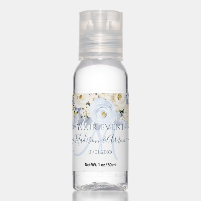 PixDezines Pale Blue H2 Roses Blue Hydrangea Hand Sanitizer (Front)