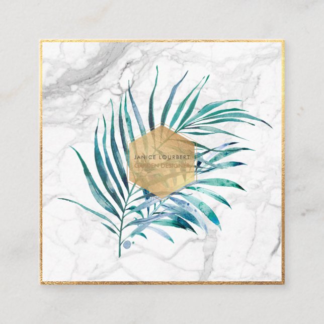PixDezines PALM FRONDS, FAUX GOLD+MARBLE Square Business Card (Front)