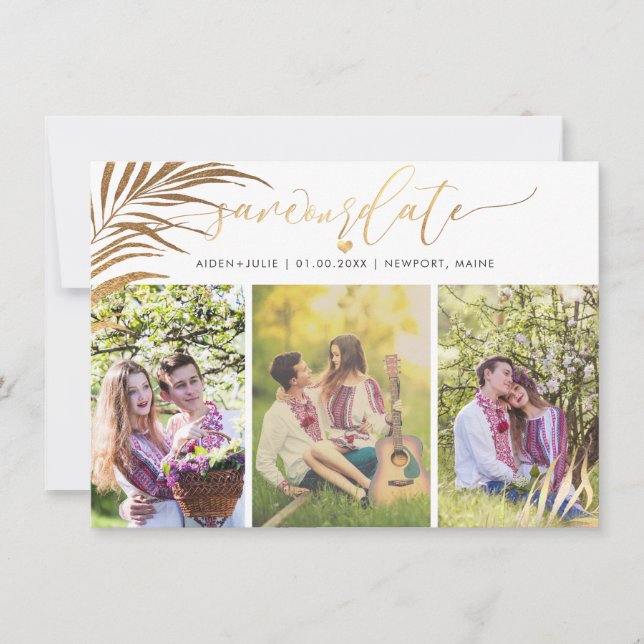 PixDezines Palm Fronds Faux Gold Modern Script Save The Date (Front)