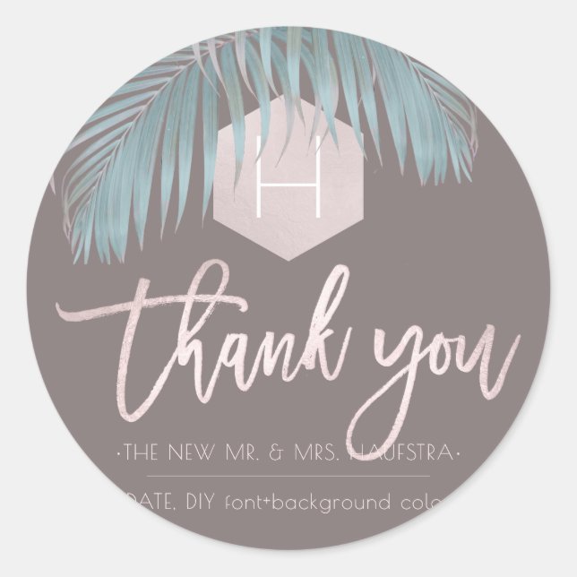 PixDezines Palm Monogram Blush Foil, Thank You Classic Round Sticker (Front)