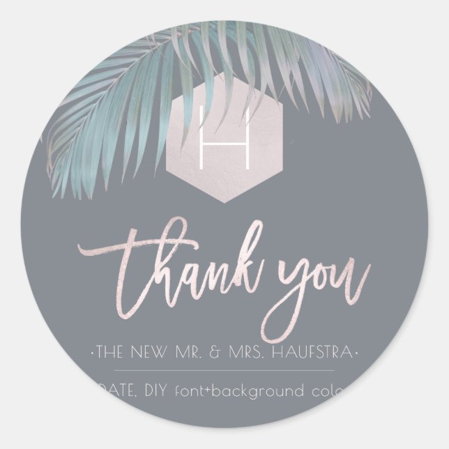 PixDezines Palm Monogram Blush Foil, Thank You Classic Round Sticker (Front)