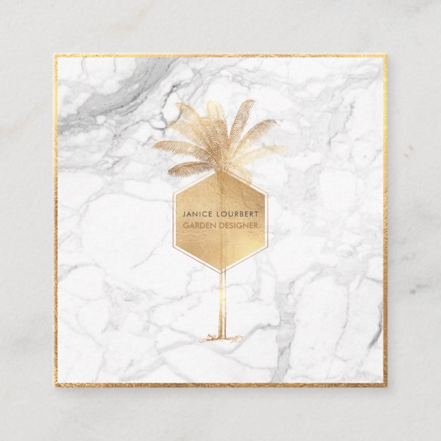 PixDezines PALM TREE, FAUX GOLD+MARBLE Square Business Card (Front)
