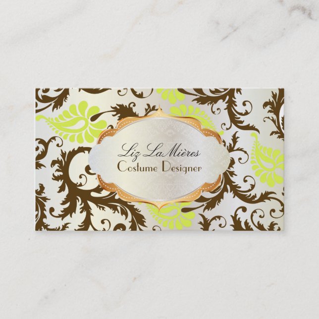 PixDezines pavo damask/chocolate+lime Business Card (Front)
