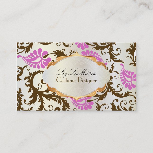 PixDezines pavo damask/chocolate+pink Business Card (Front)