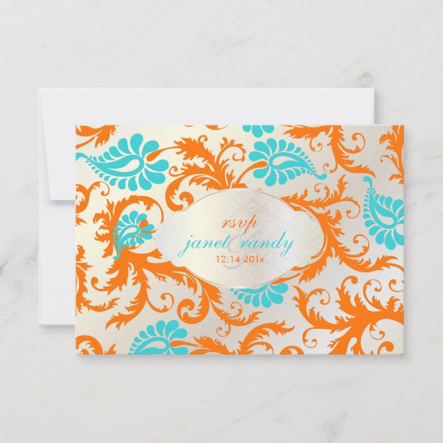 PixDezines pavo damask/coral+blue RSVP Card (Front)