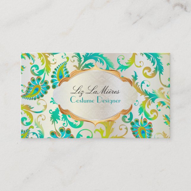 PixDezines pavo damask/peacock teal Business Card (Front)