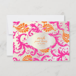 PixDezines pavo damask/tangerine+pink RSVP Card