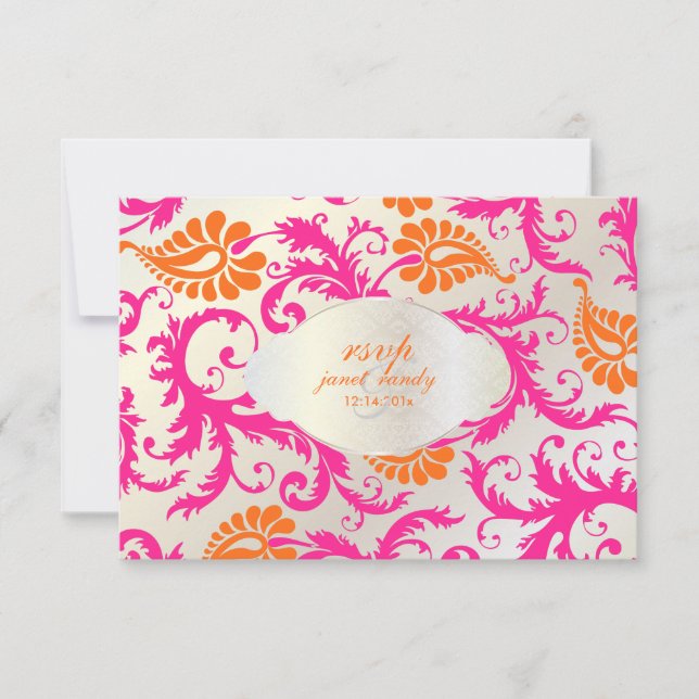 PixDezines pavo damask/tangerine+pink RSVP Card (Front)