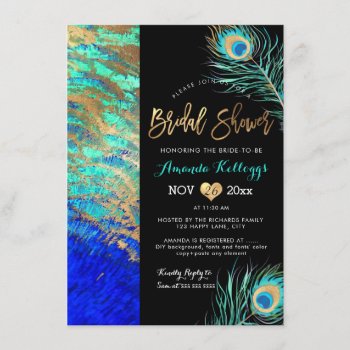 Pixdezines Peacock Bridal Shower Faux Gold Invitation by custom_stationery at Zazzle