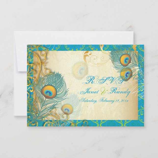 PixDezines peacock feather/aqua/turquoise RSVP Card (Front)