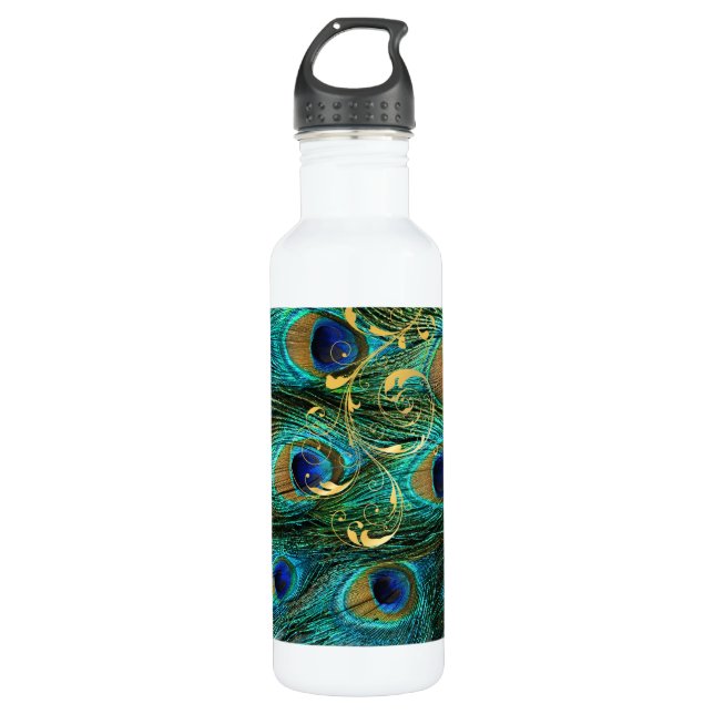 PixDezines Peacock Feather+filigree swirls Stainless Steel Water Bottle (Front)