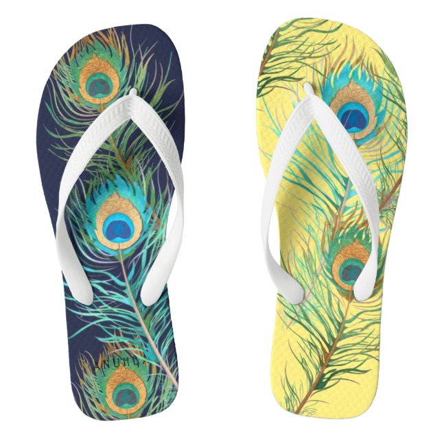 PixDezines PEACOCK FEATHER Flip Flops (Footbed)