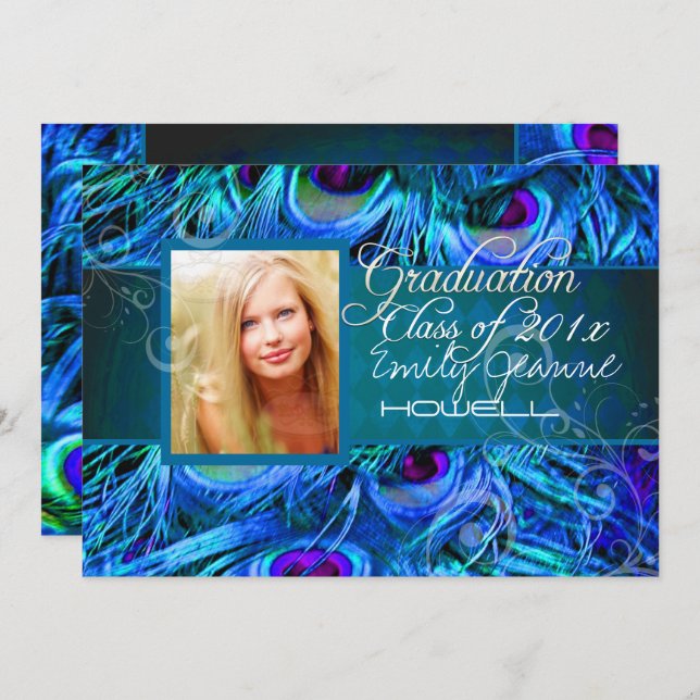 PixDezines Peacock Feather Graduation Invitation (Front/Back)
