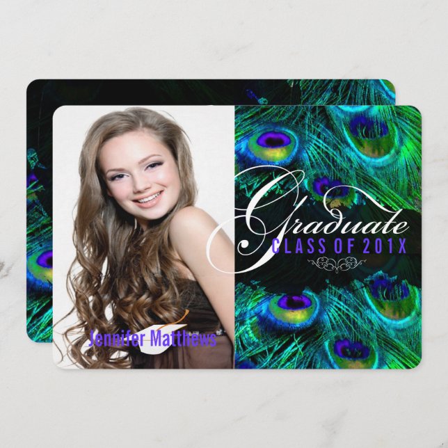 PixDezines peacock feather graduation/photo Invitation (Front/Back)