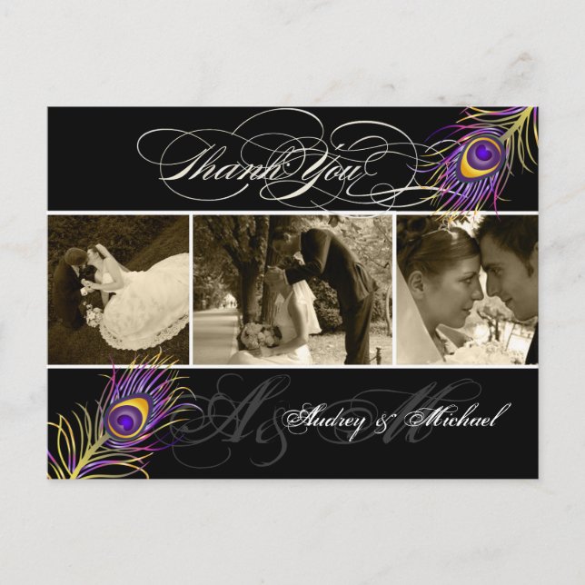 PixDezines Peacock Wedding Photos Thank you Postcard (Front)
