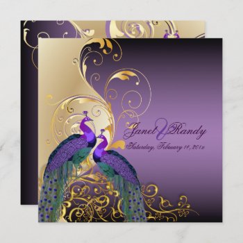 Pixdezines Peacocks/purple/gold/filigree/swilrs Invitation by custom_stationery at Zazzle