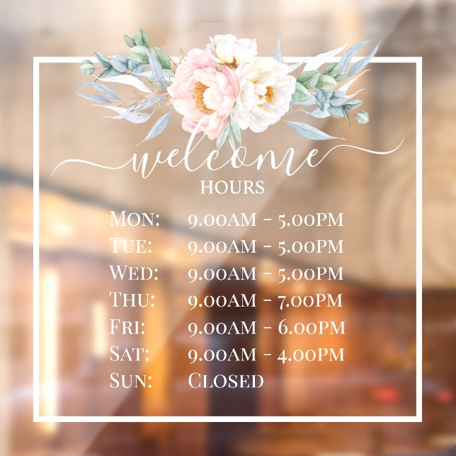 PixDezines Peonies Welcome Business Hours Window Cling (Sheet 2)