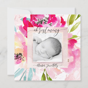 PixDezines Photo Christening Watercolor Flowers Invitation