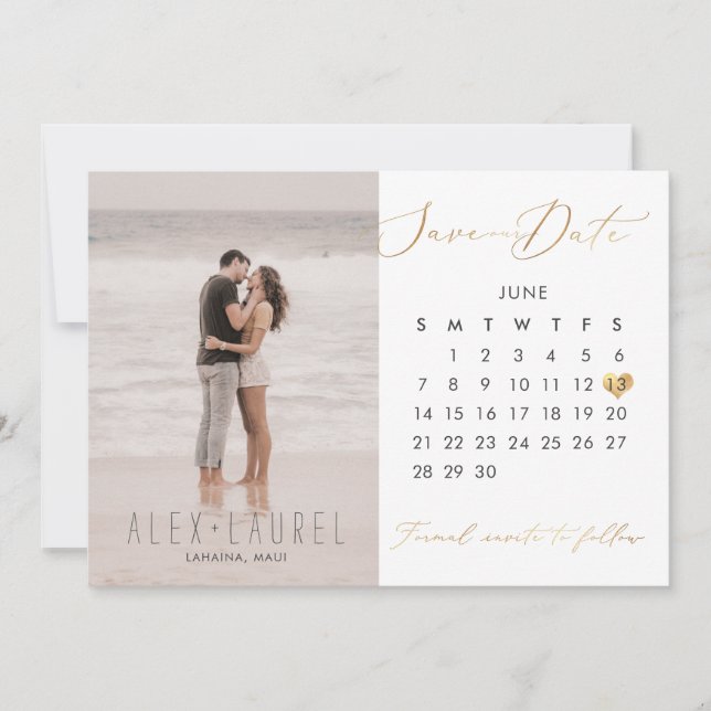 PixDezines Photo Save the Date Calendar faux gold Invitation (Front)