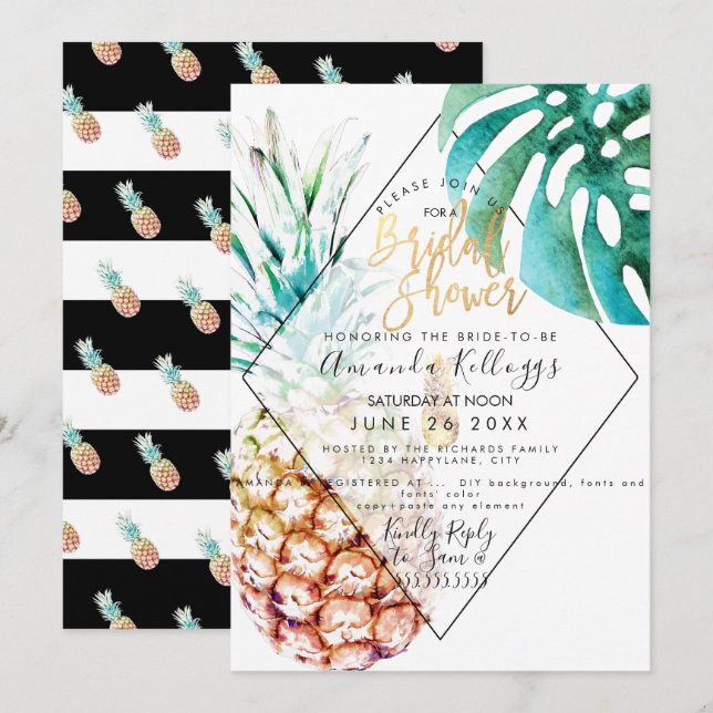 PixDezines Pineapple Bridal Shower+Monstera Invitation (Front/Back)