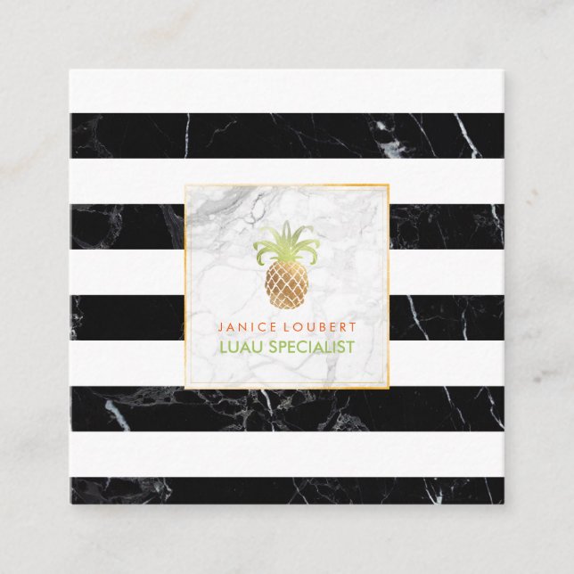 PixDezines Pineapples/Black Stripes Marble Square Business Card (Front)