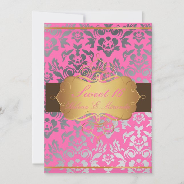 PixDezines Pink Damask/Sweet 16/tiara/diy colors Invitation (Front)