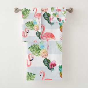 PixDezines Pink Flamingo+Floral Watercolor Bath Towel Set