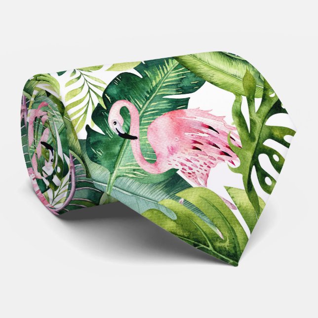PixDezines Pink Flamingo+Tropical Foliage Neck Tie (Rolled)