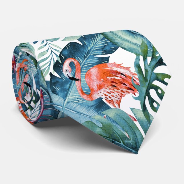 PixDezines Pink Flamingo+Tropical Foliage Neck Tie (Rolled)