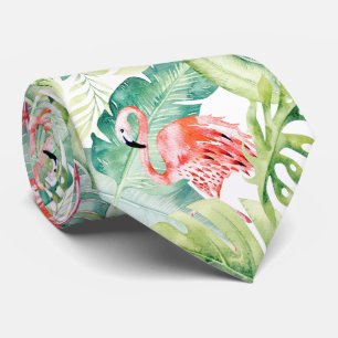 PixDezines Pink Flamingo+Tropical Foliage Neck Tie