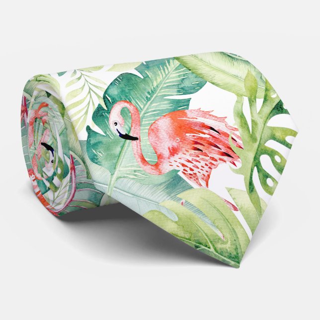 PixDezines Pink Flamingo+Tropical Foliage Neck Tie (Rolled)