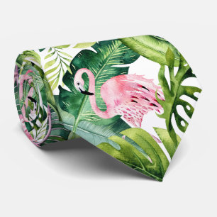 PixDezines Pink Flamingo+Tropical Foliage Neck Tie