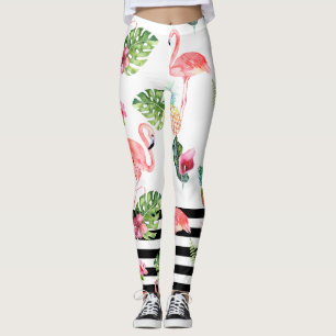 PixDezines Pink Flamingos+Adjustable Black Stripes Leggings