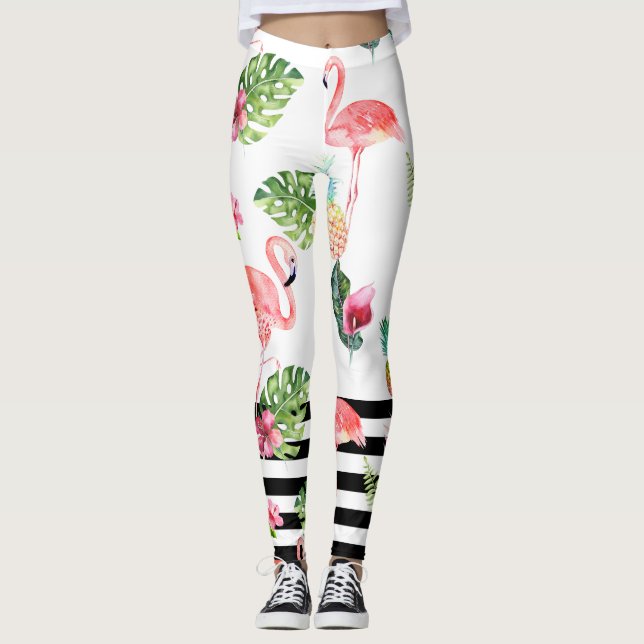 PixDezines Pink Flamingos+Adjustable Black Stripes Leggings (Front)