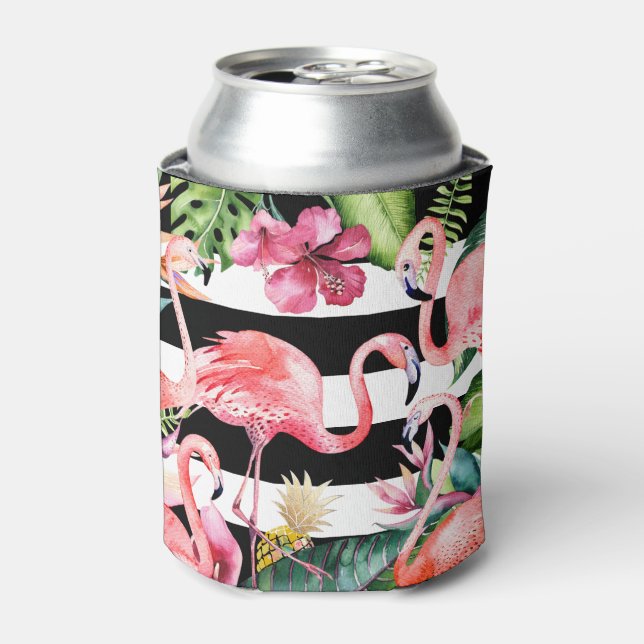 PixDezines Pink Flamingos+Floral Watercolor Can Cooler (Can Front)