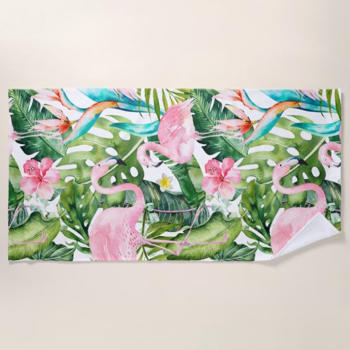 Pixdezines Pink Flamingos Tropical Foliage Beach Towel Zazzle 9151