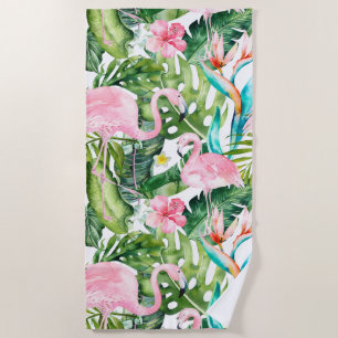 PIXDEZINES PINK FLAMINGOS TROPICAL FOLIAGE BEACH TOWEL