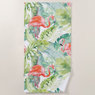 PIXDEZINES PINK FLAMINGOS TROPICAL FOLIAGE BEACH TOWEL