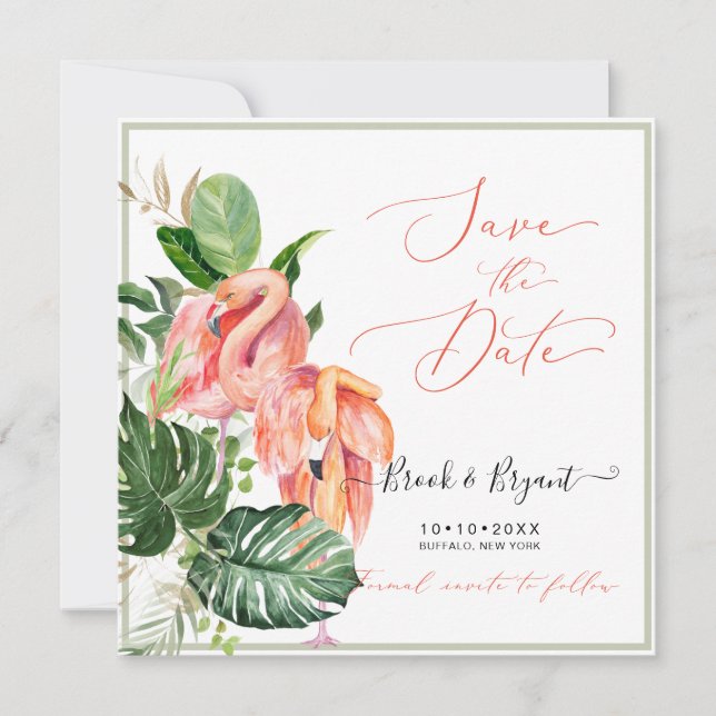 PixDezines Pink Flamingos Tropical Foliage Invitation (Front)