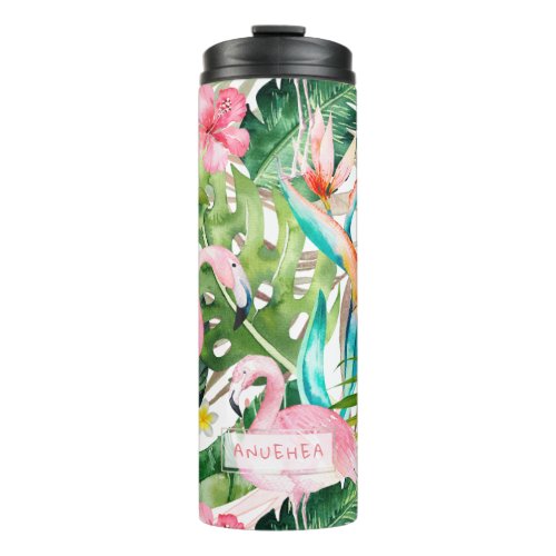 PixDezines Pink FlamingosTropical Foliage Thermal Tumbler