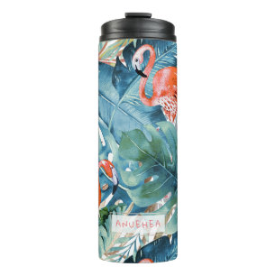 PixDezines Pink Flamingos+Tropical Foliage Thermal Tumbler