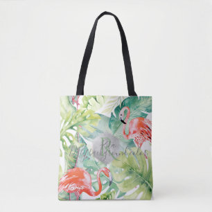 PixDezines Pink Flamingos+Tropical Greenery Tote Bag