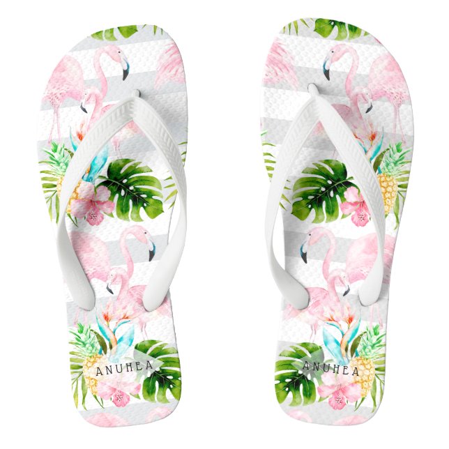 PixDezines PINK FLAMINGOS, TROPICAL THEME Flip Flops (Footbed)