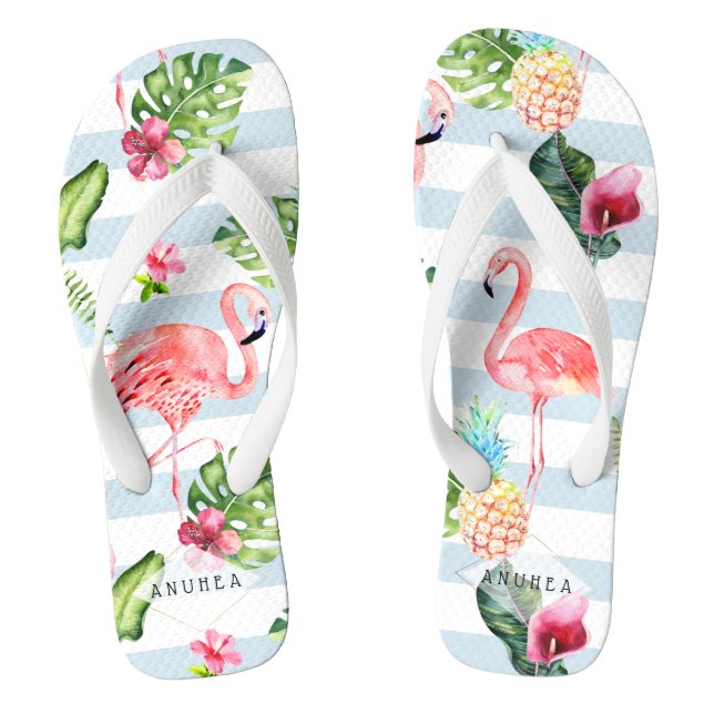 PixDezines PINK FLAMINGOS, TROPICAL THEME Flip Flops (Footbed)