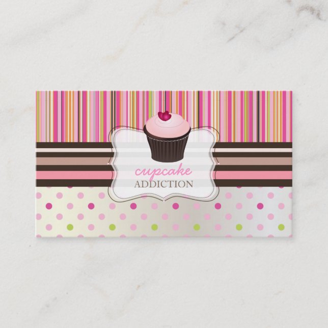 PixDezines pink hearts cupcake+stripes Business Card (Front)
