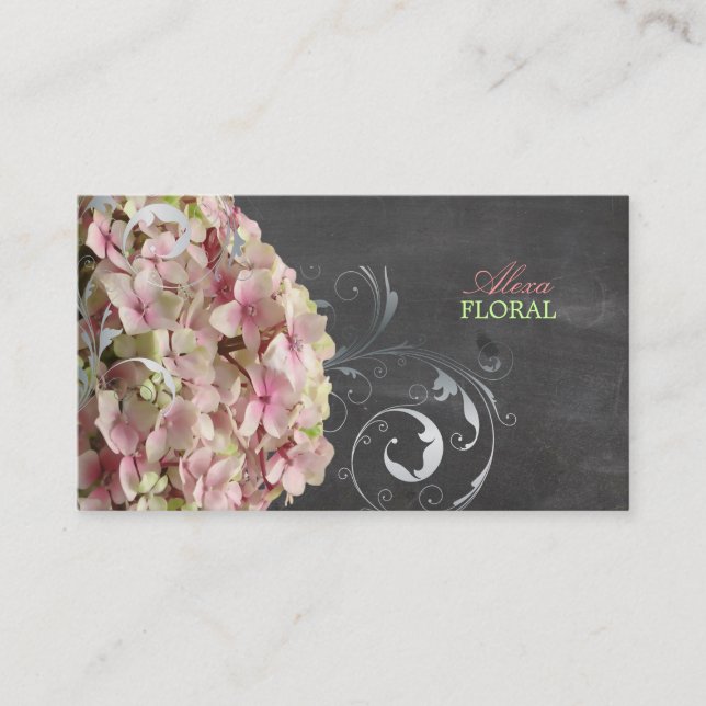PixDezines pink hydrangeas, florists/chalkboard Business Card (Front)
