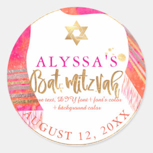 PixDezines Pink+Orange Watercol Tallit Bat Mitzvah Classic Round Sticker