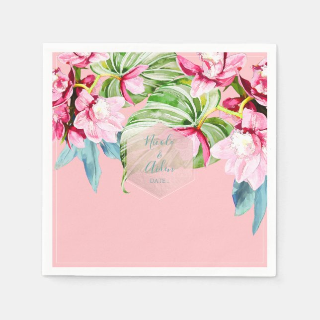 PixDezines Pink Orchid+Palms Tropical Wedding Napkins (Front)